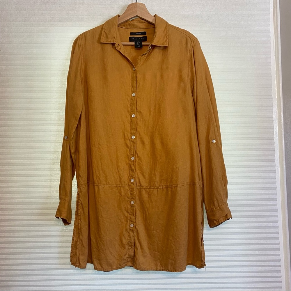 Ellie Tahari 100% linen kaftan button up saffron yellow small